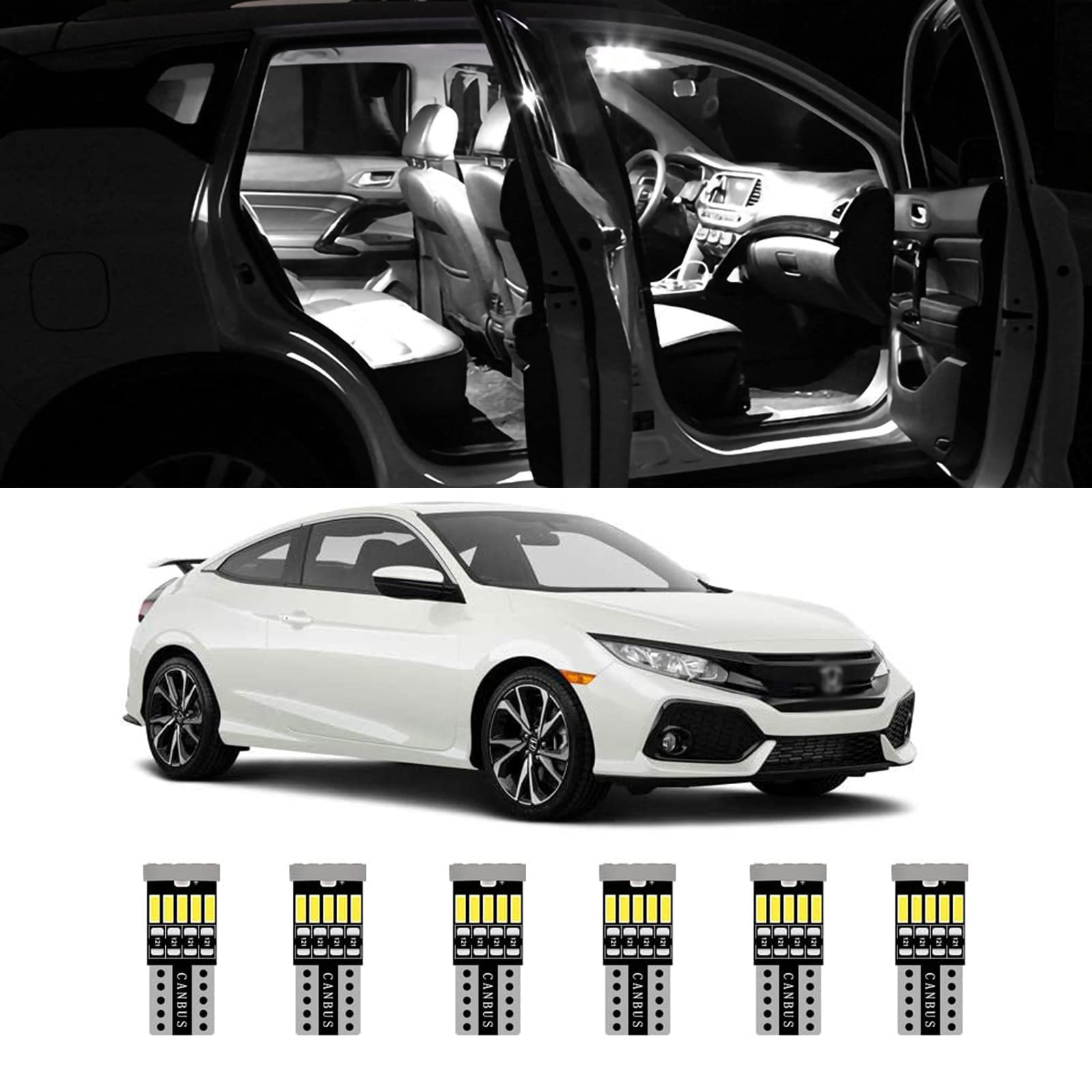 AWALITED 6pcs White Interior LED Lights Kit for 2016 2017 2018 2019 2020 2021 Honda Civic Super Bright LED Map Dome Cargo Replacement Light Bulbs
